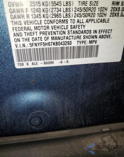 2019 Honda Pilot Touring from USA, damaged, VIN 5FNYF5H67KB043293